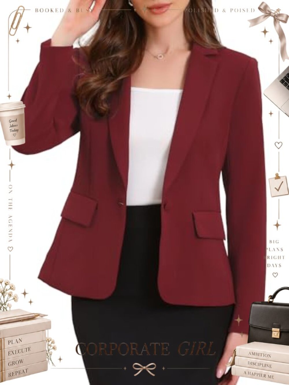 Womens Business Casual Blazer with Shoulder Pads Long Sleeve Button